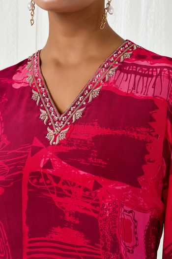 Buy_Arje India_Red Crepe V-neck Abstract Print Dress _Online_at_Aza_Fashions