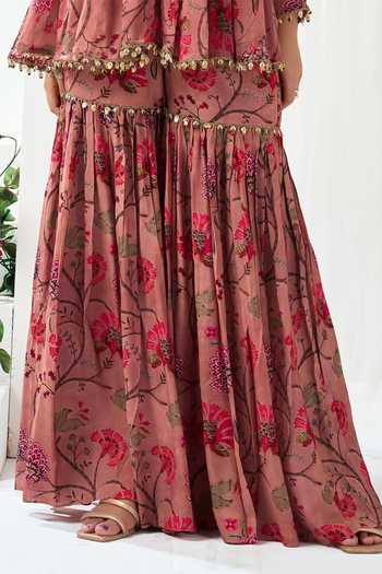 Arje India_Pink Silk, Cotton V-neck Floral Print Peplum Kurta And Sharara Set _Online_at_Aza_Fashions