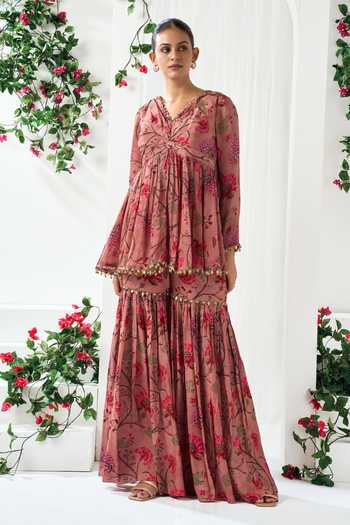 Buy_Arje India_Pink Silk, Cotton V-neck Floral Print Peplum Kurta And Sharara Set _at_Aza_Fashions