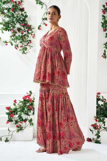 Shop_Arje India_Pink Silk, Cotton V-neck Floral Print Peplum Kurta And Sharara Set _at_Aza_Fashions