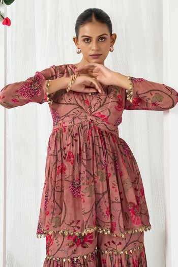 Buy_Arje India_Pink Silk, Cotton V-neck Floral Print Peplum Kurta And Sharara Set _Online_at_Aza_Fashions
