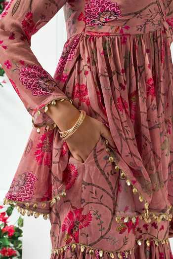 Shop_Arje India_Pink Silk, Cotton V-neck Floral Print Peplum Kurta And Sharara Set _Online_at_Aza_Fashions