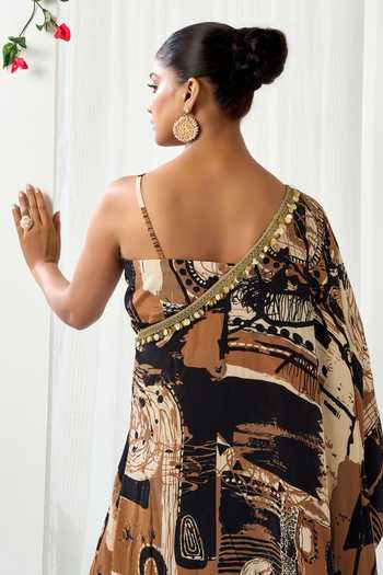 Arje India_Multi Color Crepe One Shoulder, V-neck Printed Dress With Bustier _Online_at_Aza_Fashions