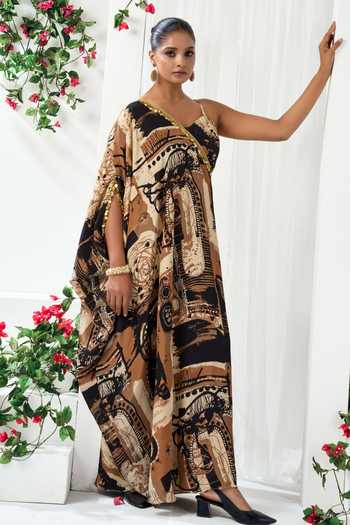 Buy_Arje India_Multi Color Crepe One Shoulder, V-neck Printed Dress With Bustier _Online_at_Aza_Fashions