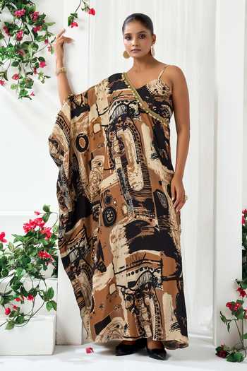 Buy_Arje India_Multi Color Crepe One Shoulder, V-neck Printed Dress With Bustier _at_Aza_Fashions