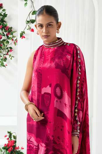 Arje India_Red Crepe Choker Neck Printed Draped Dress _Online_at_Aza_Fashions