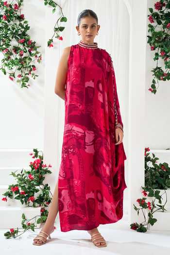 Buy_Arje India_Red Crepe Choker Neck Printed Draped Dress _at_Aza_Fashions
