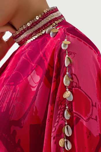 Buy_Arje India_Red Crepe Choker Neck Printed Draped Dress _Online_at_Aza_Fashions