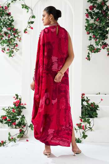 Shop_Arje India_Red Crepe Choker Neck Printed Draped Dress _at_Aza_Fashions
