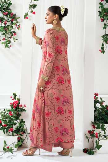 Buy_Arje India_Pink Silk, Cotton V-, Square Floral Print Kurta And Pant Set _Online_at_Aza_Fashions