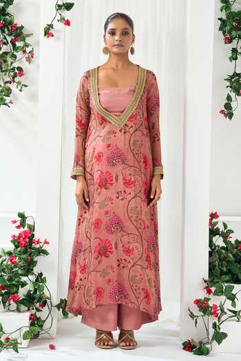 Buy_Arje India_Pink Silk, Cotton V-, Square Floral Print Kurta And Pant Set _at_Aza_Fashions