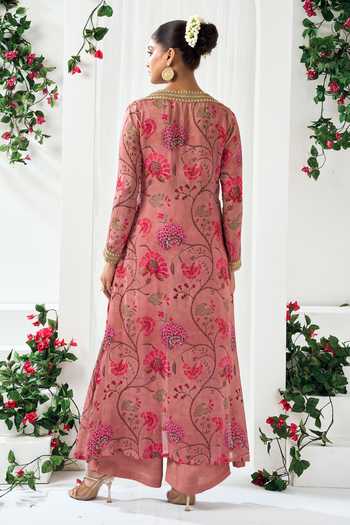 Shop_Arje India_Pink Silk, Cotton V-, Square Floral Print Kurta And Pant Set _at_Aza_Fashions