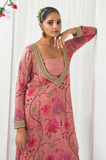 Shop_Arje India_Pink Silk, Cotton V-, Square Floral Print Kurta And Pant Set _Online_at_Aza_Fashions