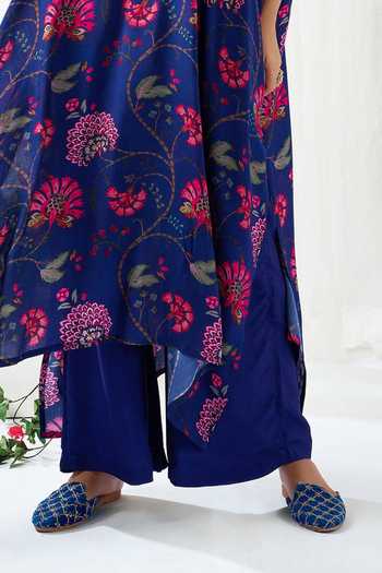 Arje India_Blue Silk, Cotton V-neck Printed Kaftan With Pant _Online_at_Aza_Fashions