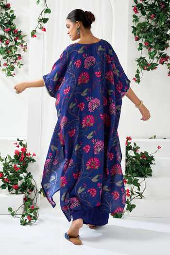 Shop_Arje India_Blue Silk, Cotton V-neck Printed Kaftan With Pant _at_Aza_Fashions