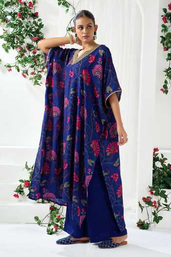 Buy_Arje India_Blue Silk, Cotton V-neck Printed Kaftan With Pant _Online_at_Aza_Fashions