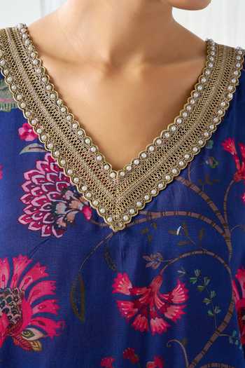 Shop_Arje India_Blue Silk, Cotton V-neck Printed Kaftan With Pant _Online_at_Aza_Fashions