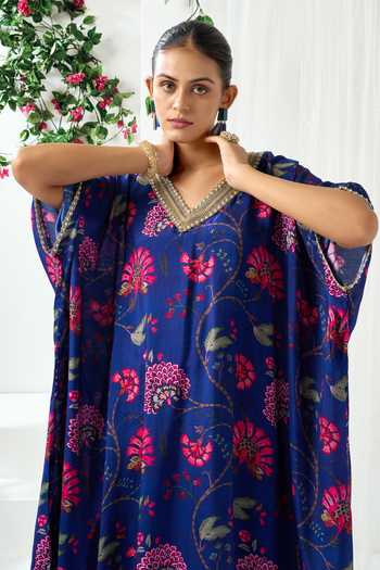 Arje India_Blue Silk, Cotton V-neck Printed Kaftan With Pant _at_Aza_Fashions