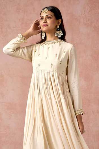 Buy_Arje India_Ivory Silk, Cotton Lace Round Neck Floral Print Kurta And Palazzo Set _Online_at_Aza_Fashions