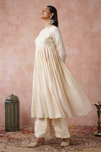 Shop_Arje India_Ivory Silk, Cotton Lace Round Neck Floral Print Kurta And Palazzo Set _Online_at_Aza_Fashions