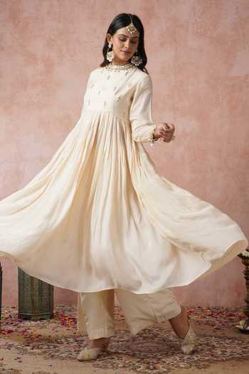 Arje India_Ivory Silk, Cotton Lace Round Neck Floral Print Kurta And Palazzo Set _at_Aza_Fashions