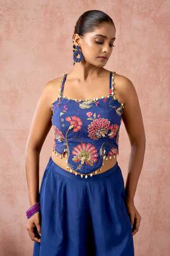 Arje India_Blue Silk, Cotton Sweetheart Neck Floral Print Bustier With Gharara _Online_at_Aza_Fashions