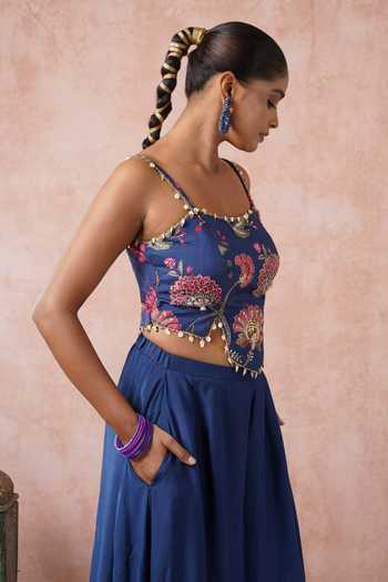 Buy_Arje India_Blue Silk, Cotton Sweetheart Neck Floral Print Bustier With Gharara _Online_at_Aza_Fashions