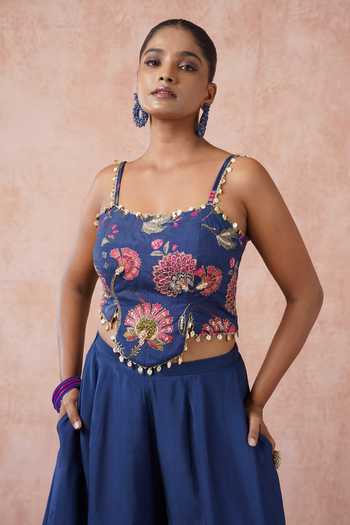 Shop_Arje India_Blue Silk, Cotton Sweetheart Neck Floral Print Bustier With Gharara _at_Aza_Fashions