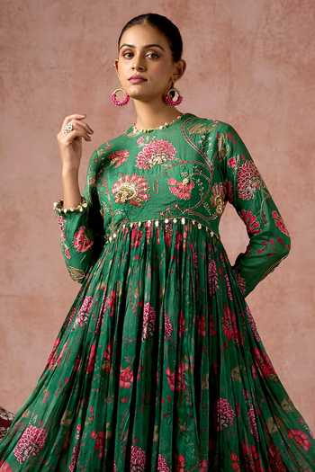 Arje India_Green Silk, Cotton Round Neck Floral Print Gathered Anarkali And Pant Set _Online_at_Aza_Fashions