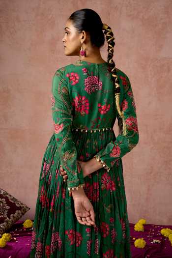 Shop_Arje India_Green Silk, Cotton Round Neck Floral Print Gathered Anarkali And Pant Set _at_Aza_Fashions