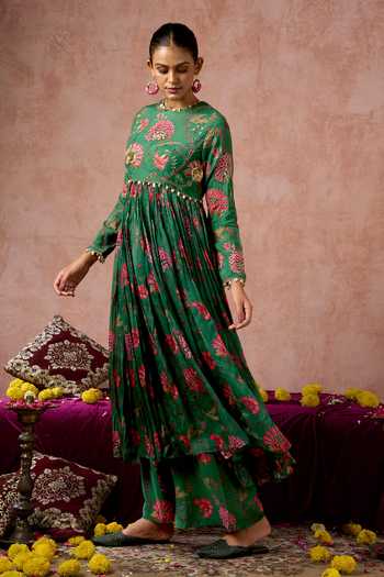 Buy_Arje India_Green Silk, Cotton Round Neck Floral Print Gathered Anarkali And Pant Set _Online_at_Aza_Fashions