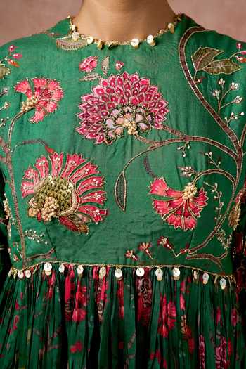 Shop_Arje India_Green Silk, Cotton Round Neck Floral Print Gathered Anarkali And Pant Set _Online_at_Aza_Fashions