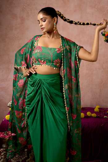 Arje India_Green Silk, Cotton Square Neck Floral Print Cape Skirt Set _Online_at_Aza_Fashions