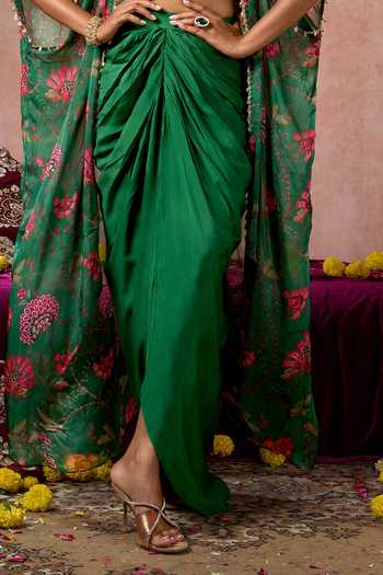 Buy_Arje India_Green Silk, Cotton Square Neck Floral Print Cape Skirt Set _Online_at_Aza_Fashions