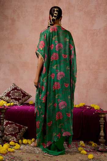 Shop_Arje India_Green Silk, Cotton Square Neck Floral Print Cape Skirt Set _at_Aza_Fashions