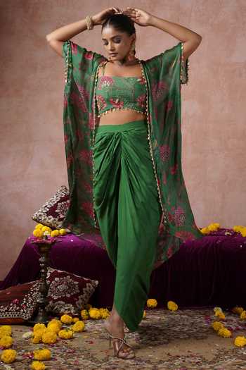 Shop_Arje India_Green Silk, Cotton Square Neck Floral Print Cape Skirt Set _Online_at_Aza_Fashions