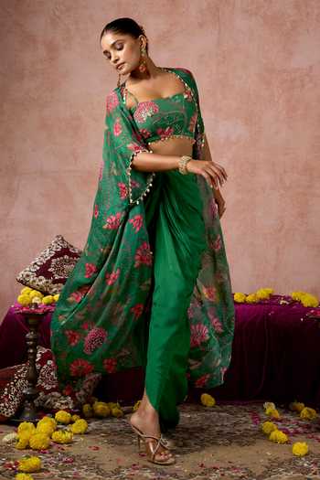 Arje India_Green Silk, Cotton Square Neck Floral Print Cape Skirt Set _at_Aza_Fashions