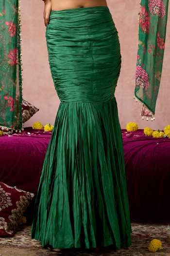 Arje India_Green Silk, Cotton Round Neck Floral Print Blouse And Skirt Set _Online_at_Aza_Fashions