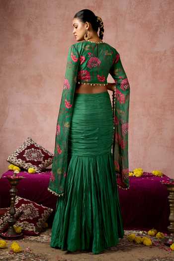 Shop_Arje India_Green Silk, Cotton Round Neck Floral Print Blouse And Skirt Set _at_Aza_Fashions