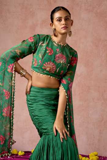 Buy_Arje India_Green Silk, Cotton Round Neck Floral Print Blouse And Skirt Set _Online_at_Aza_Fashions