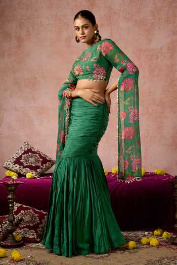 Shop_Arje India_Green Silk, Cotton Round Neck Floral Print Blouse And Skirt Set _Online_at_Aza_Fashions