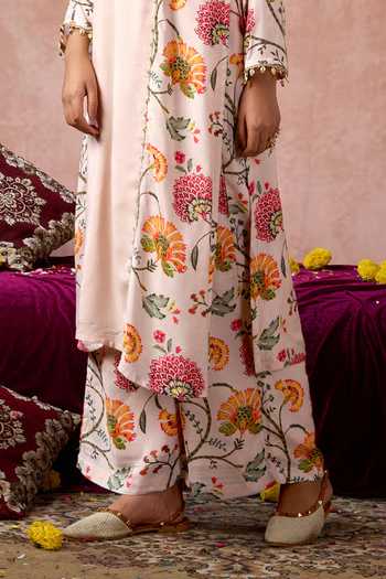 Shop_Arje India_Pink Silk, Cotton Keyhole Neck, Yes Floral Print Kurta And Pant Set _Online_at_Aza_Fashions