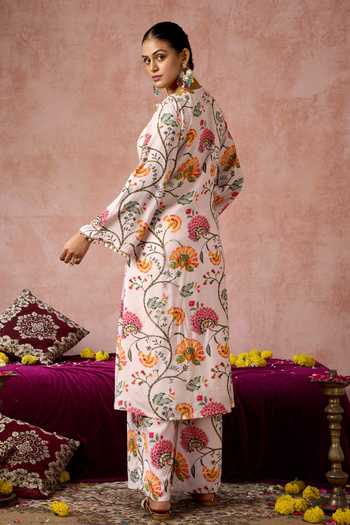 Shop_Arje India_Pink Silk, Cotton Keyhole Neck, Yes Floral Print Kurta And Pant Set _at_Aza_Fashions