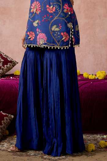 Arje India_Blue Silk, Cotton Halter Neck Printed Kurta And Sharara Set _Online_at_Aza_Fashions