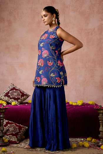 Buy_Arje India_Blue Silk, Cotton Halter Neck Printed Kurta And Sharara Set _Online_at_Aza_Fashions