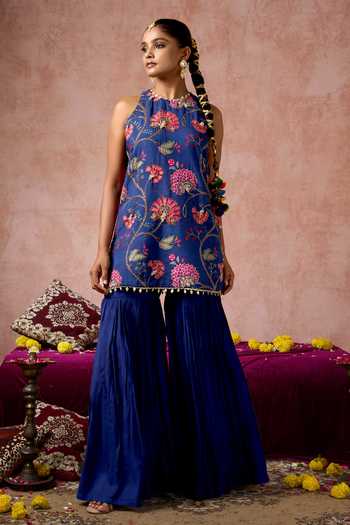 Shop_Arje India_Blue Silk, Cotton Halter Neck Printed Kurta And Sharara Set _at_Aza_Fashions