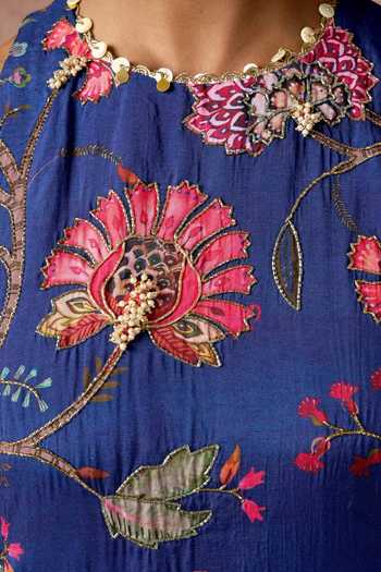 Shop_Arje India_Blue Silk, Cotton Halter Neck Printed Kurta And Sharara Set _Online_at_Aza_Fashions