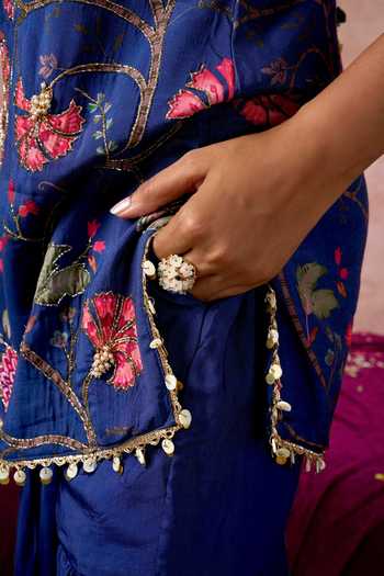 Arje India_Blue Silk, Cotton Halter Neck Printed Kurta And Sharara Set _at_Aza_Fashions