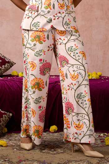 Arje India_Pink Silk, Cotton Bandeau Neck Floral Print Tube Top And Pant Set _Online_at_Aza_Fashions