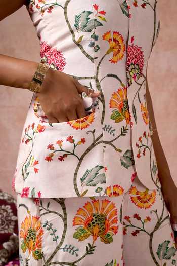 Buy_Arje India_Pink Silk, Cotton Bandeau Neck Floral Print Tube Top And Pant Set _Online_at_Aza_Fashions